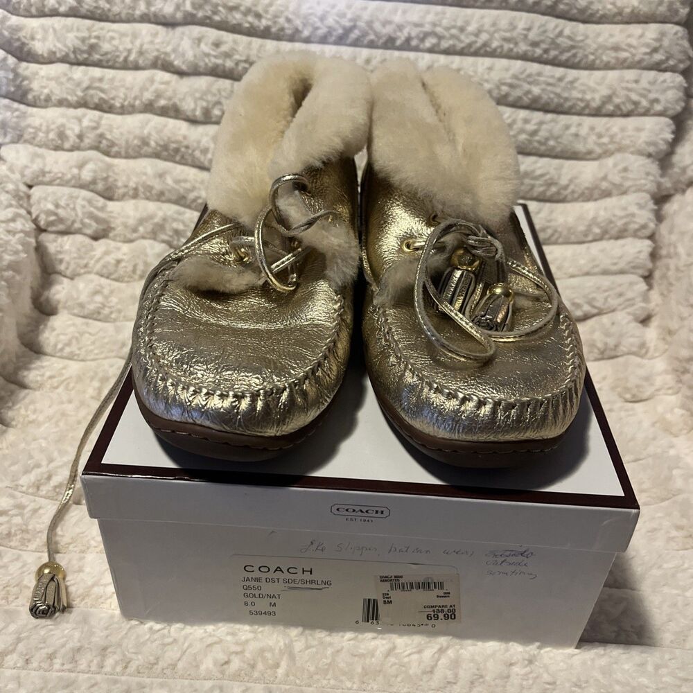 Coach Womens size 8M Janie DST Gold Leather Booties Slippers SDE/Shearling Trim